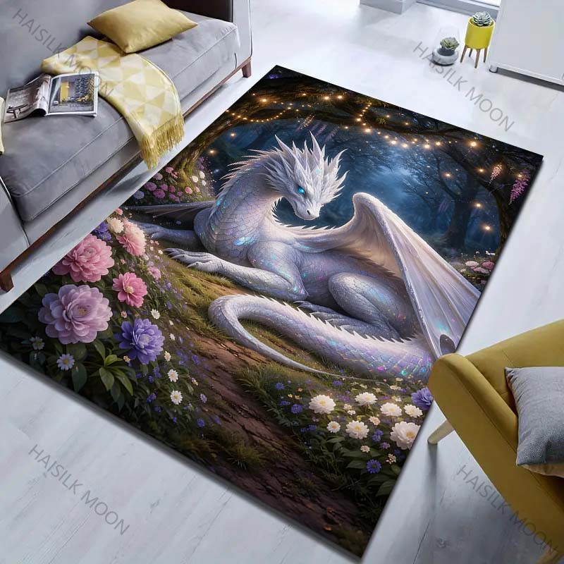 1PC White dragon in floral meadow Carpet for Living Room Bedroom Sofa Home Decor Rus Non-slip Floor Mat Luxury Gift