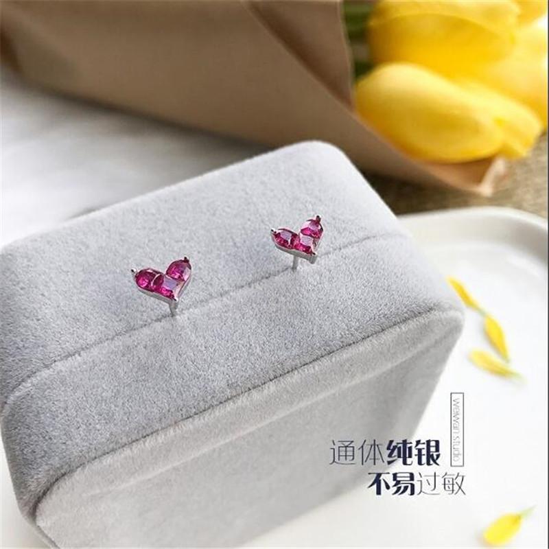 New Fashion Jewelry Temperament Compact Mini 925 Sterling Silver Red Heart Shape Love Crystal Women Stud Earrings E092