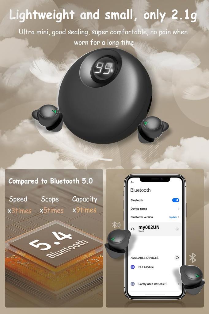 Wireless Bluetooth Sleep Earphones for Improved Mini High Separate Left and Right Single or with Mic 5.3 Sleep, Painless, Size, Ultra-Small, In-Ear