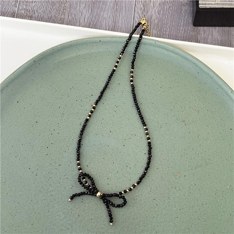 Delicate Beaded Choker Necklace with Bowknot Pendant Stylish Collar Necklaces Adjustable Chain  for Women and Girls