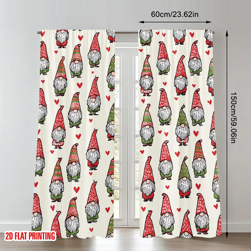 Set Of 2 Flat Printing Fashionable Christmas Curtains Gnomes Hearts Digital Printed Polyester Drapes Festive Curtain
