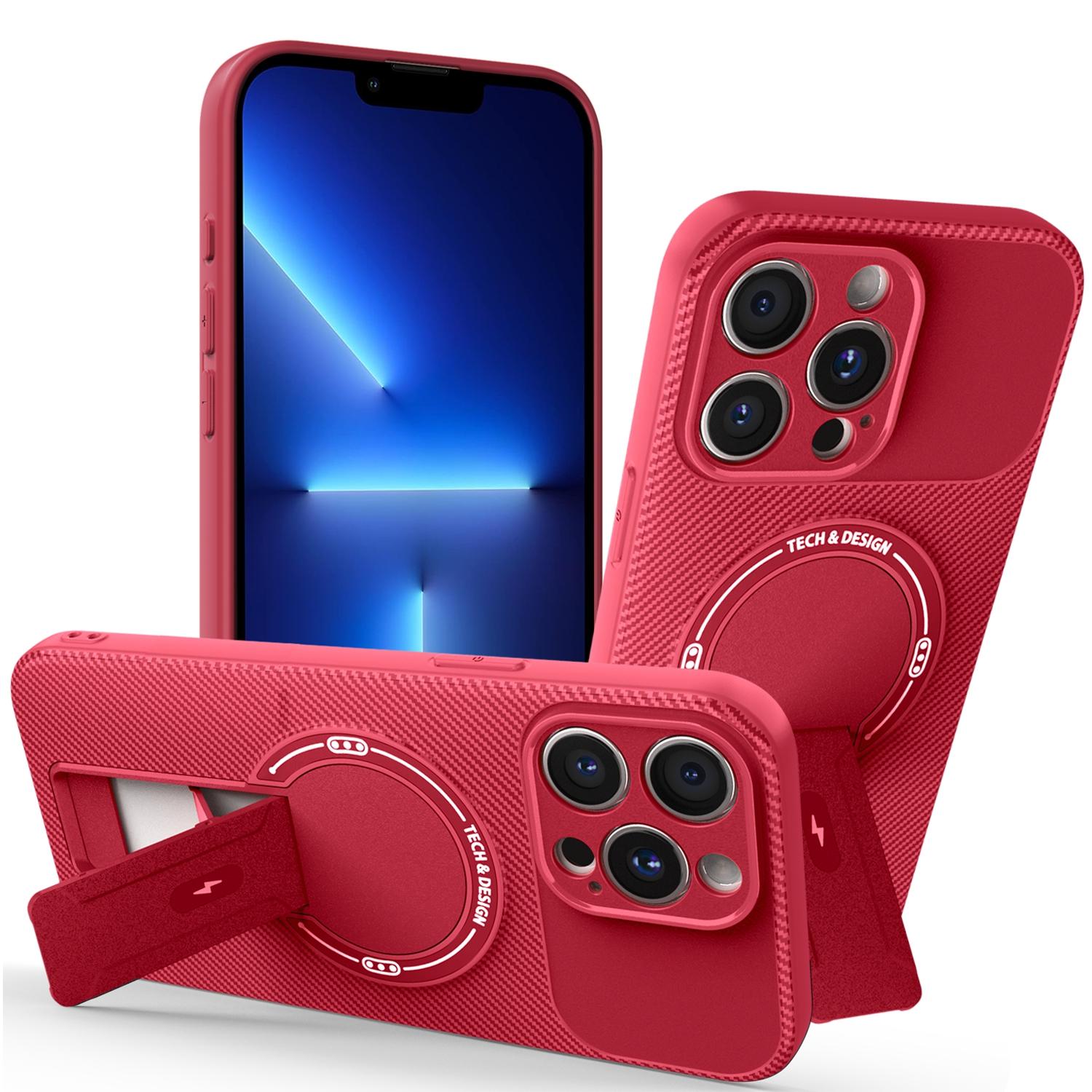 

For iPhone 13 Pro Case with Kickstand Carbon Fiber Texture PC+TPU Phone Cover Red