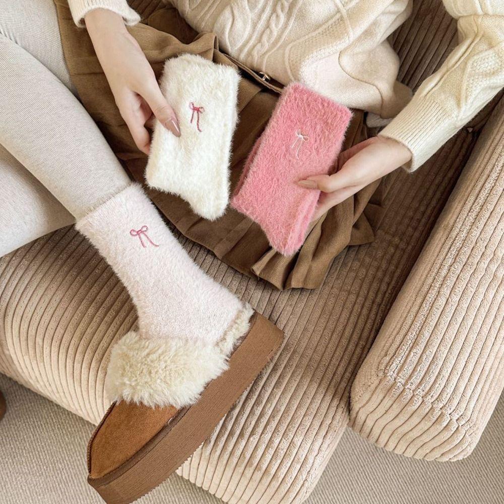 Soft Warm Fleece Plush Socks Sweat Absorption Sleep Boot Socks Kawaii Bow Velvet Socks Home Wear