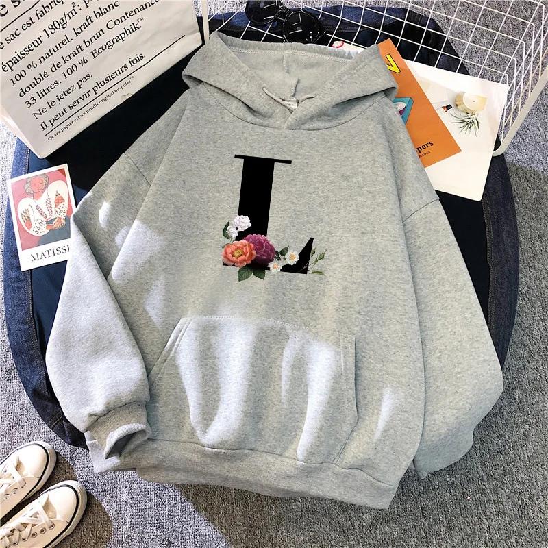 New in Womens Hoodies Casual Letters A-Z Printed Sweatshirts Sportswear Outdoors Sports Jogging Woman Clothing Running Grey Tops