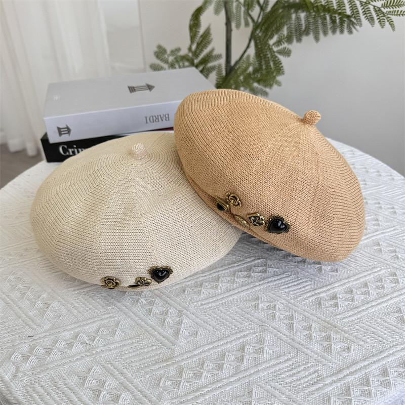 Elegant Japanese Style Oversized Button Decor Beret Hat Women's Fashionable Hollow Breathable Eight-panel Beret