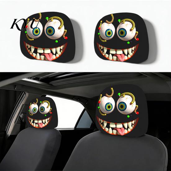 Universal Fit Headrest Covers 2Pcs Spooky Car Covers, Cartoon Evil Face Auto Seat Funny Accessories Protectors, Elastic Protectors for Cars