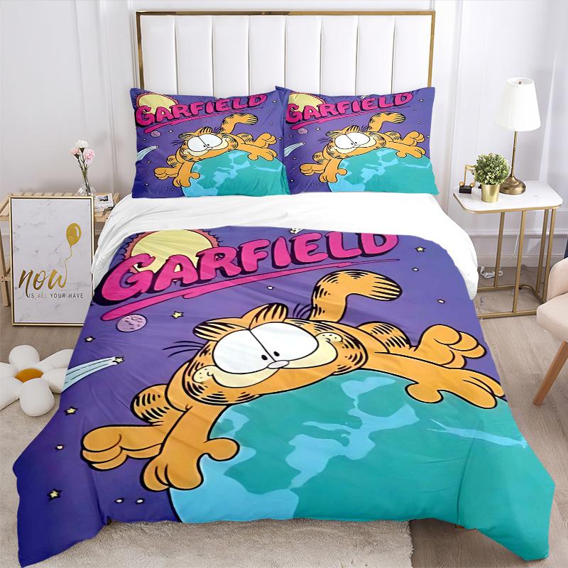 3pcs Garfield's Cosmic Adventure Printed Quilt Set - Includes 1 Quilt Cover and 2 Pillowcases, Machine Washable - Suitable for All Seasons.W037