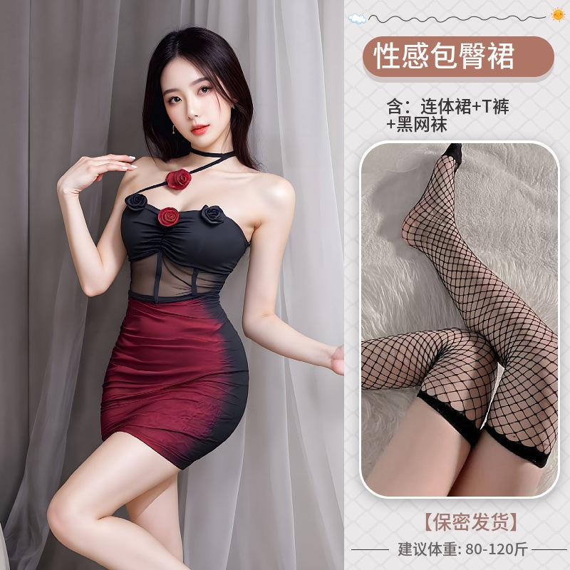 Sexy underwear, dark wind, Spice girls, perspective mesh, rose cheongsam hanging neck, sexy backless hip-wrapped slim woman