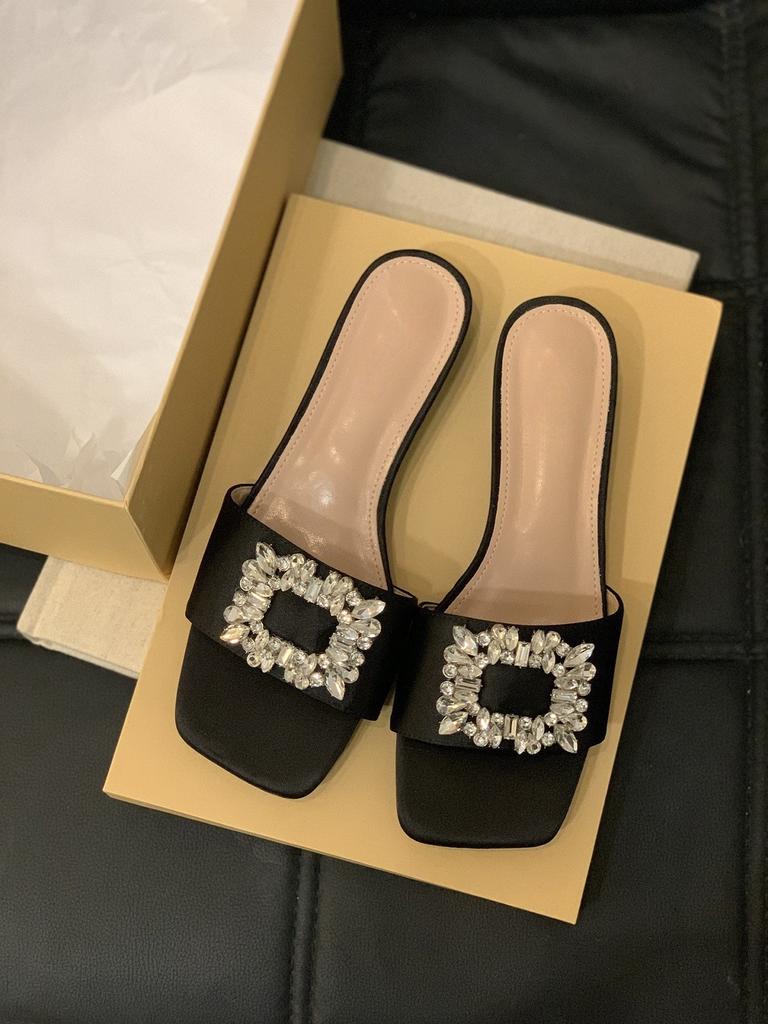 French thick heel silver temperament square buckle rhinestone one-word cool slippers women's shoes wear 2025 summer vacation sandals