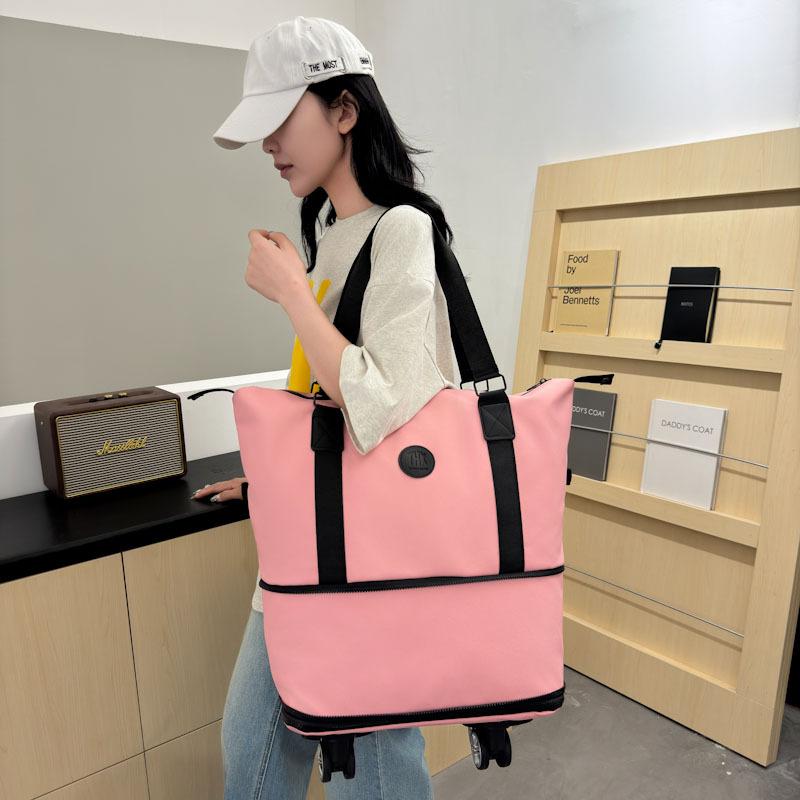 Large Capacity Double-layer Expansion Hand-held Travel Bag with Wheels, Wet and Dry Separation Storage, Luggage Bag Can Be Put On the Tie Rod.
