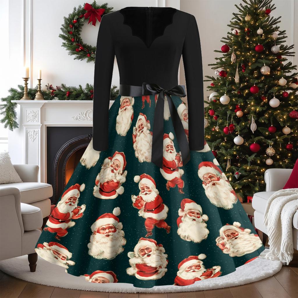 Women's Vintage V-Neck Long Sleeve Christmas Print Casual Dress