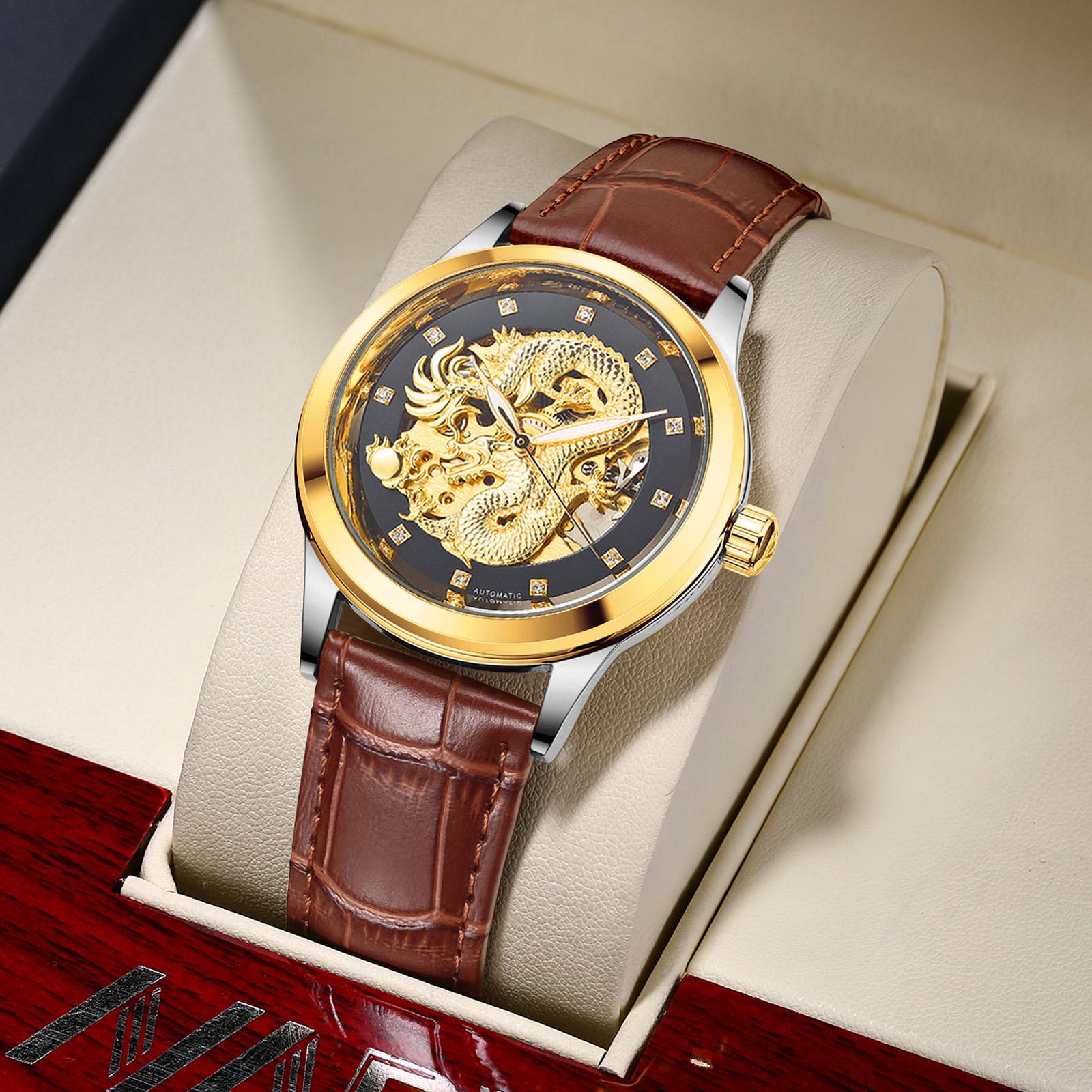 NARY Golden Dragon Waterproof Automatic Skeleton Leather Watch 18028
