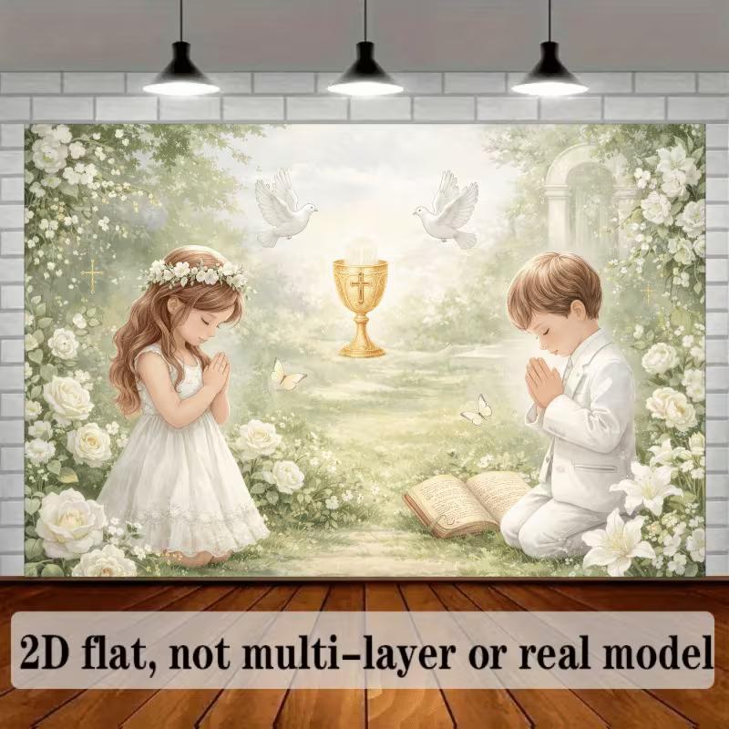 2D Baptism Party Decoration Backdrop, Kids Praying with Chalice Photo Background Banner