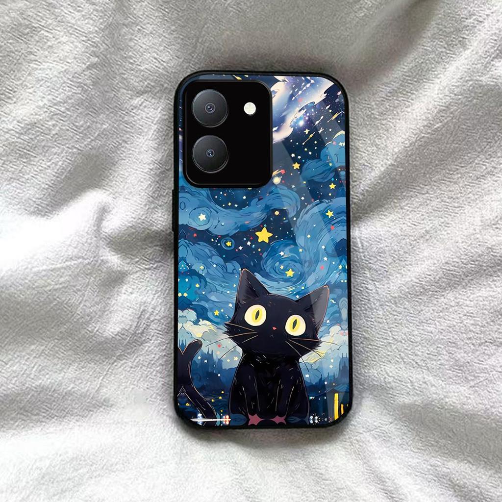 Case for Vivo Y36 5G 4G Y27 Y27s Anime Black Cat Starry Cloud Print Phone Cover Acrylic Hard Back Shell With Flexible TPU Edge