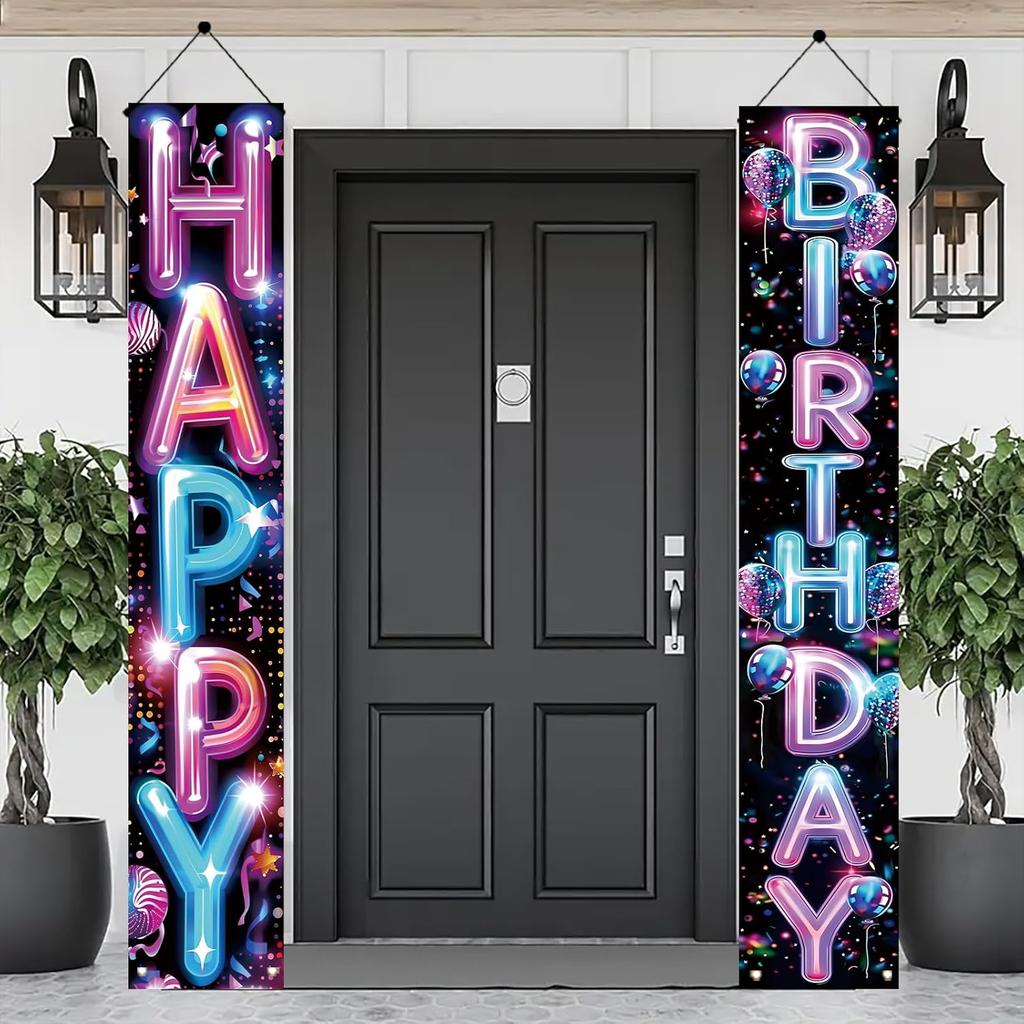 2 Pcs Happy Birthday Door Banner, Neon Lights Theme, Polyester Fabric, Easy to Hang, Indoor/Outdoor Use
