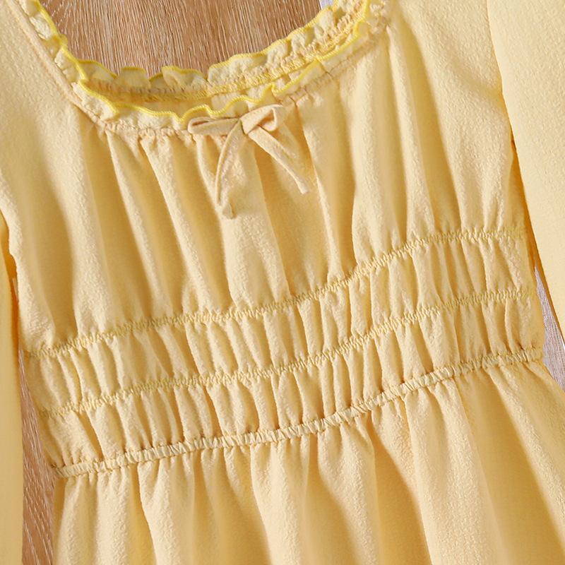 Girls' Yellow Dress: Fall Children's Square-Neck Elastic Waist Princess-Style Elegant Dress