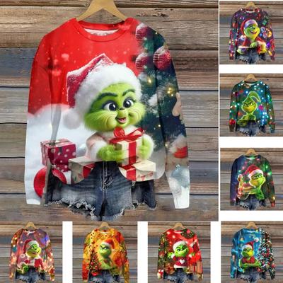 Mode Herren- und Damen-T-Shirt Weihnachten Grüner Elf Print Lässig Langärmlig Rundhals Sportlicher Pullover Kinder T-Shirt Top Kleidung