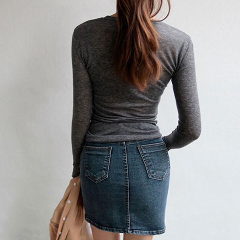 Plain T Shirt Women Elastic Basic T-shirts Female Casual Tops Long Sleeve Thin T-shirt See Through