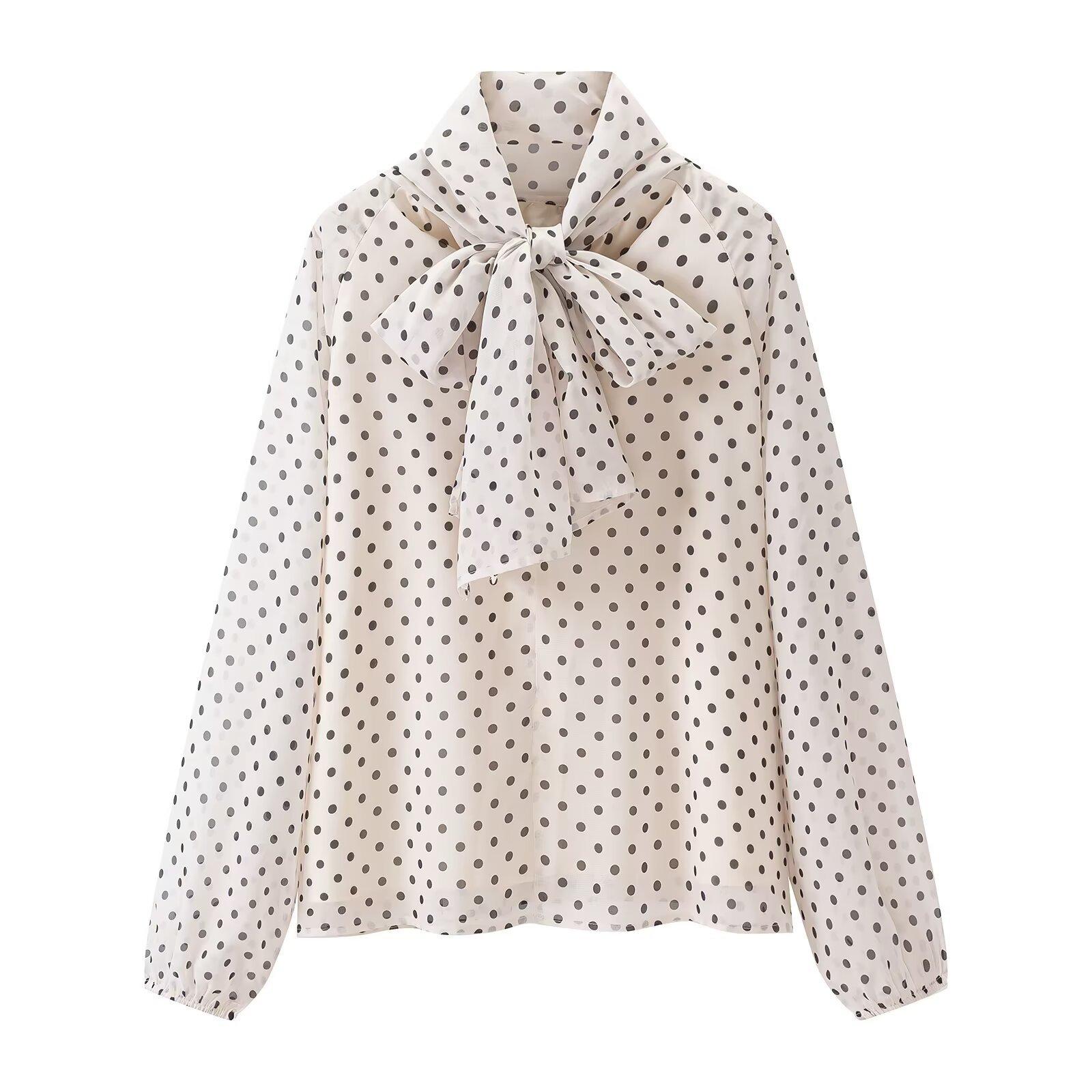 European and American Style New Women s Fashion Stylish Polka Dot Bow Shirt 2075-107 XS