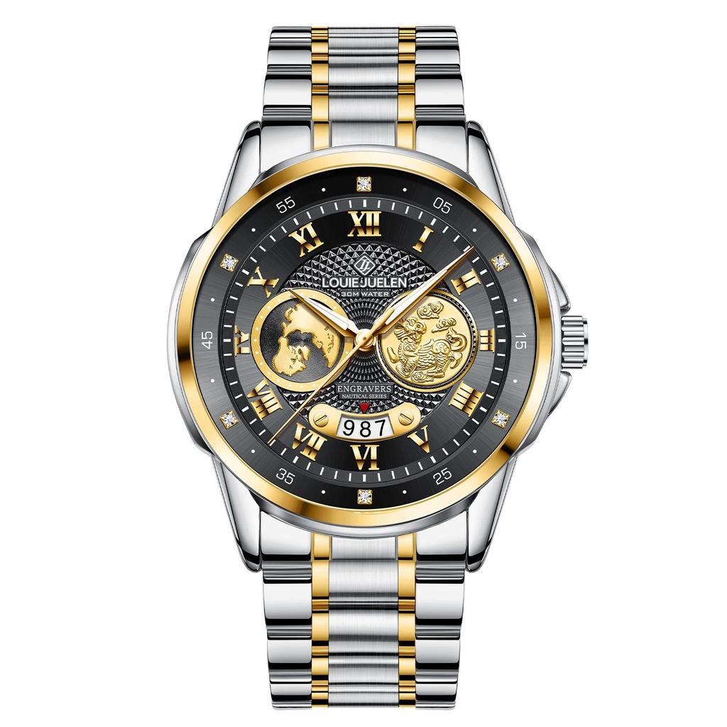 Luxury Gold Engraved Watch for Men Stainless Steel Waterproof Business Quartz Wristwatch with Date, Ideal Gift for Father's Day & Anniversaries