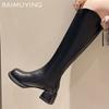 Winter Women High Boots Leather Mid Heels Shoes Knee High Chunky Motorcycle Boots 2024 Trend New Fashion Pumps Botas De Mujer