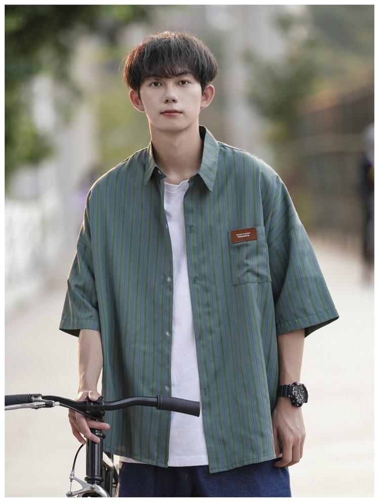 Men's Retro Striped Short Sleeve Pique Shirt - Summer Trendy Loose Fit Plus Size Jacket