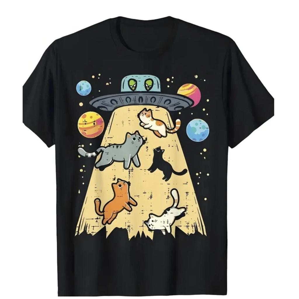 Cat Lover T-Shirt UFO Alien Gift Gato Present Graphic Tee Funny Space Size S-5XL