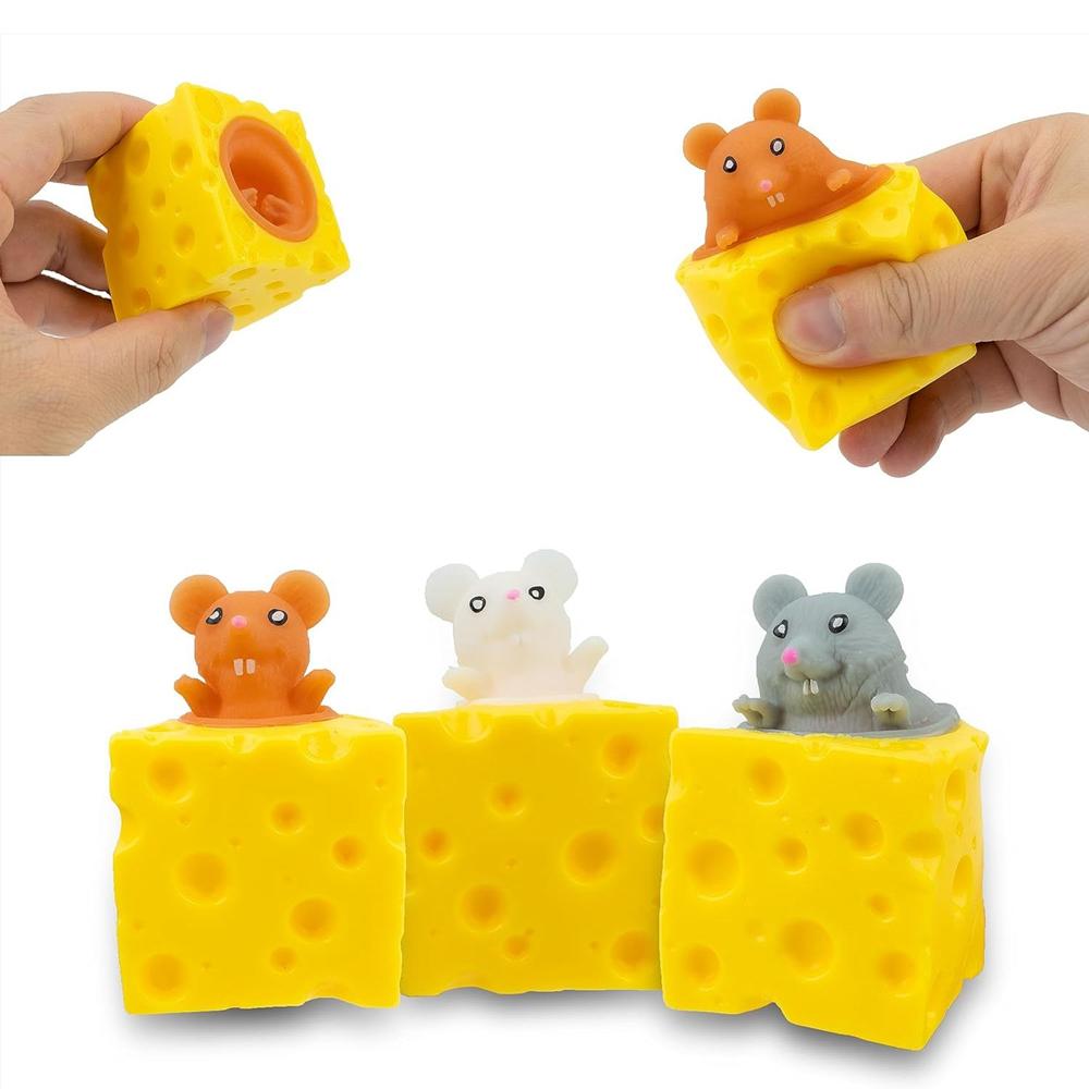 3 STuks Knijp Muis Speelgoed Grappige Kaas Muis Beker Knijpbare Sensorische Fidget Knijpbare Stressverlichtende Speeltjes Cadeaus yellow