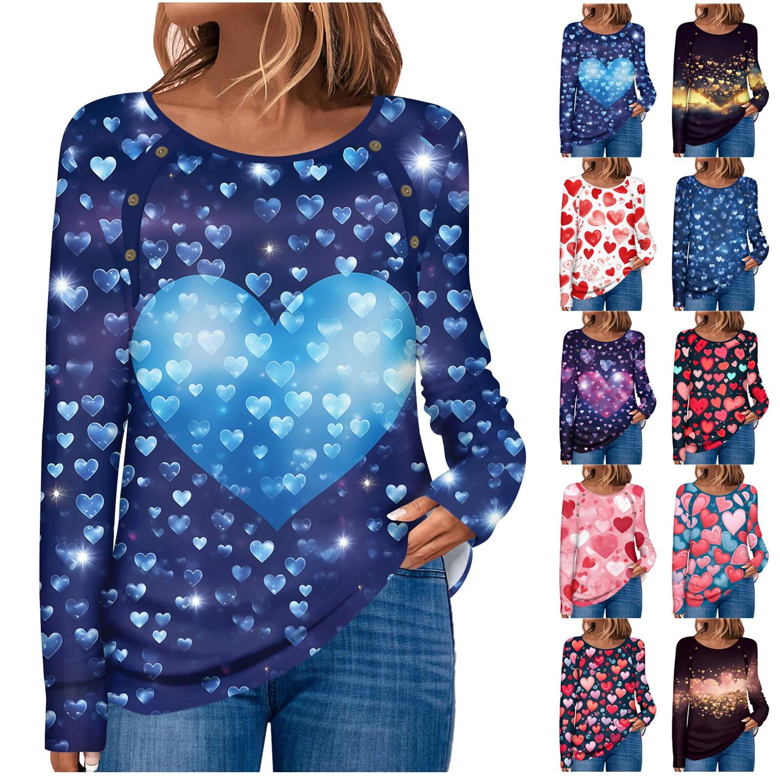 

Women s Fashion Casual Round Neck Long Sleeve Cute Print Button Decorated T-Shirt Top