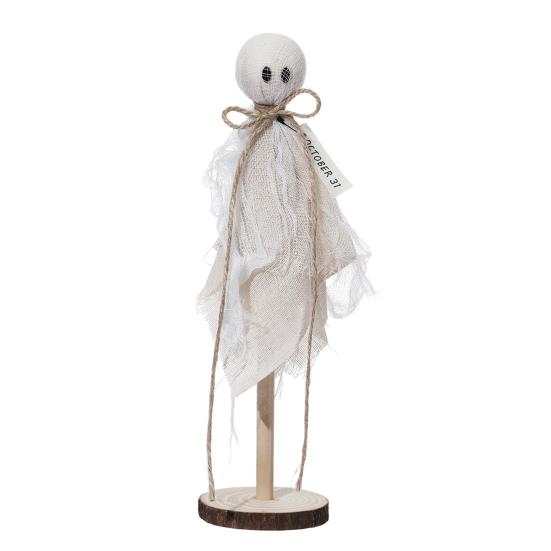3Pcs Wooden Halloween Ghost Ornaments Rustic Shelf Sitters with Fabric Ghost Figures Farmhouse Tiered Tray Mantel Decorations