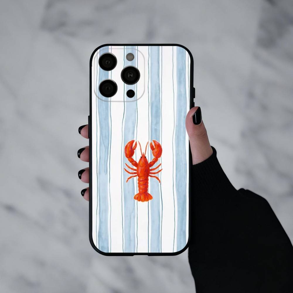 L-Lobster On S-Stripes Ocean Phone Case For iPhone 17pro,16,15,14,13,12,11 Plus,Pro Max,XS,Soft Silicone Black Cover