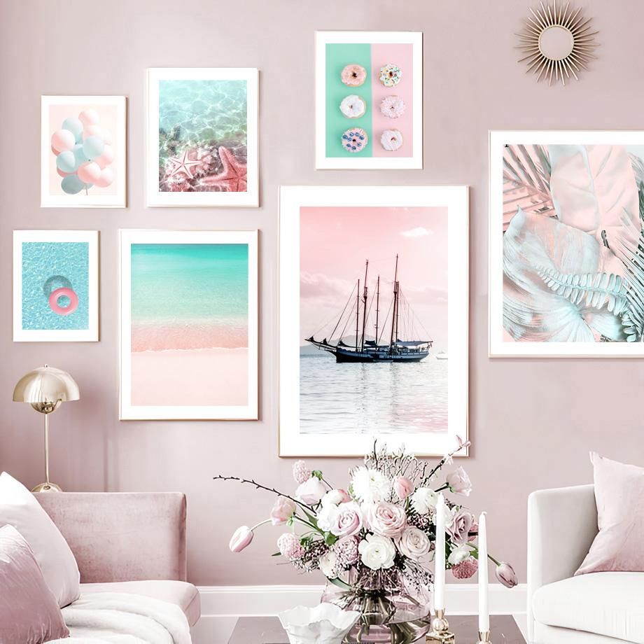 Pink Sea Ship Donut Lifebuoy Balloon Starfish Monstera Love Posters Nordic Wall Art Canvas Painting Living Room Home Decor