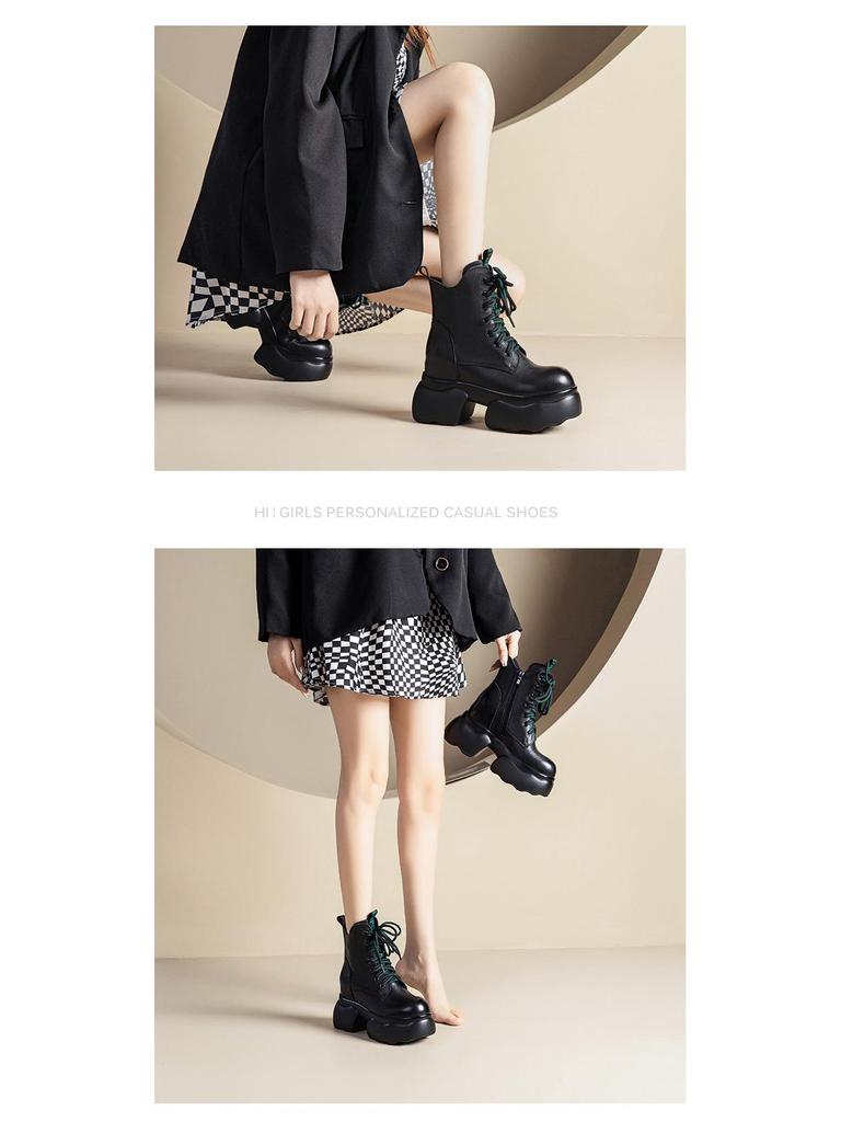 Women's Genuine Leather British-Style Ankle Boots - Versatile Autumn/Winter Fashion with Thick Sole and Inner Height Adjustment