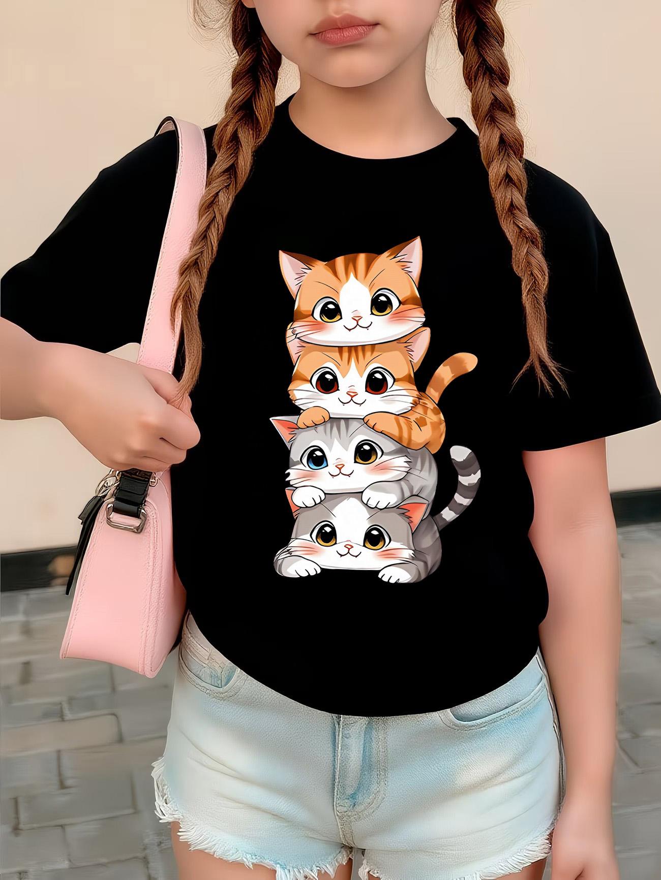 Cat Kids Tshirts Summer Short Sleeve Tees Cartoon Animal Boys Girls ClothesChildren T-shirt 110cm чёрный
