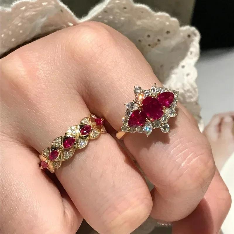 High quality red water droplet engagement ring Vintage court style showy ruby rings for women light luxury wedding Zircon