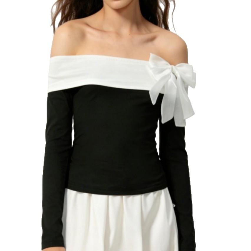 Popular, black and white contrasting colors, shoulder bow top, slim and thin long-sleeved bottoming shirt for women