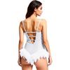 Womens Shiny Rhinestone Feather Leotard Deep V Neck Adjustable Spaghetti Straps Strappy Back Bodysuit