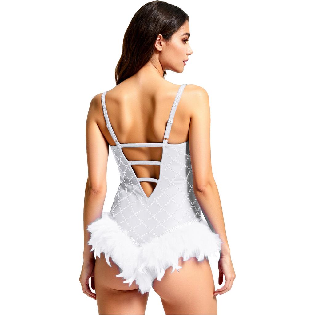 Womens Shiny Rhinestone Feather Leotard Deep V Neck Adjustable Spaghetti Straps Strappy Back Bodysuit