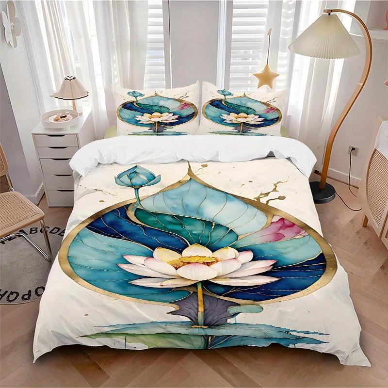 

3pcs Lotus Bloom Soft Comfortable Bedding set, For Bedroom, Guest Room And Dorm, All - Season Use, High-Definition Printing157 135x200cm