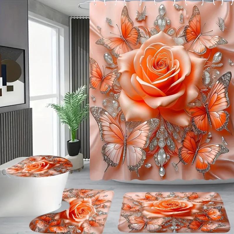 4pcs, Orange rose exquisite butterfly pattern, Apartment bathroom Shower Room shower curtain, hotel shower curtain set with