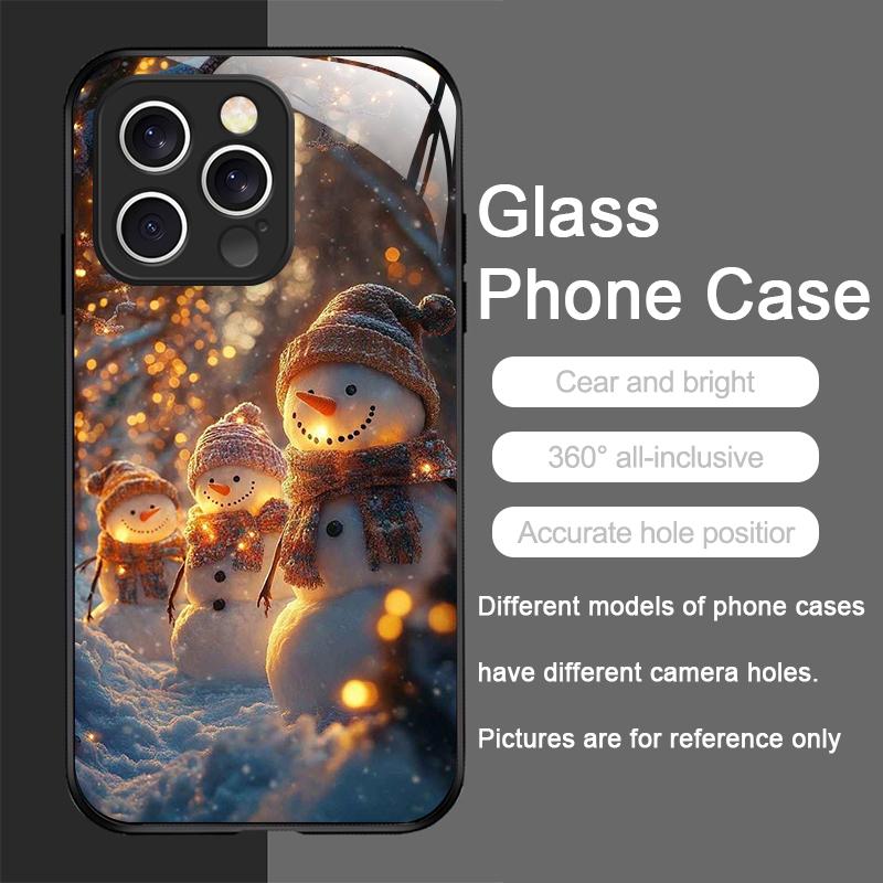 Winter Christmas Snowman Pattern Tempered Glass Phone Case for IPhone 16 Pro Max 16e 15 14 13 12 Mini 11 X XS 7 8 14 Plus Cover