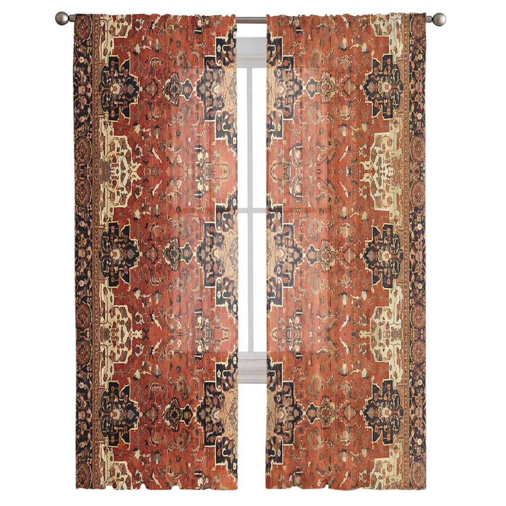 Retro Medieval Turkish Pattern Tulle Curtains for Living Room Sheer Curtain for Bedroom Kitchen Blinds Voile Curtains