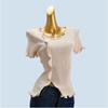Wooden Ear Solid Color Rib Fabric Short Sleeve High Elastic Top Pullover Ice Silk Thin Women's Split Stylish