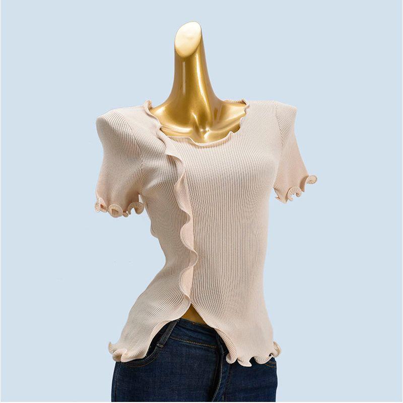 Wooden Ear Solid Color Rib Fabric Short Sleeve High Elastic Top Pullover Ice Silk Thin Women's Split Stylish