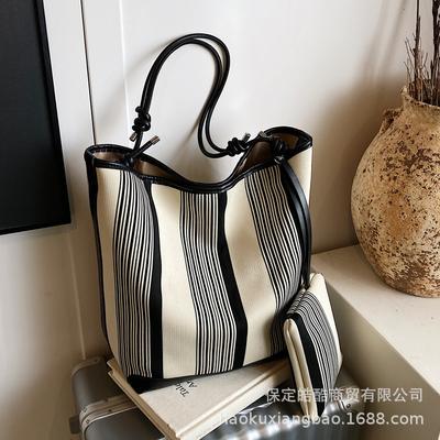 Premium Elastic Weaving Canvas Striped Bucket Bag Korean Lazy Wind Tote Bag Large Capacity Commuter Shoulder Bag