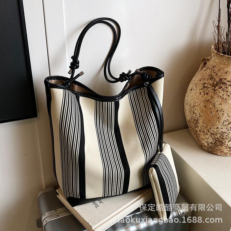 Premium Elastic Weaving Canvas Striped Bucket Bag Korean Lazy Wind Tote Bag Large Capacity Commuter Shoulder Bag