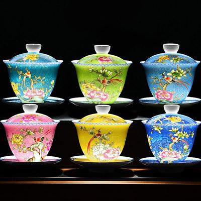 Handmade Sancai Enamel Gaiwan Tea Cup Set with Lid & Saucer, White Porcelain Kung Fu Tea Bowl