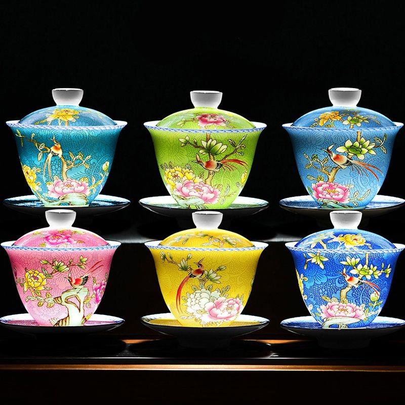 Handmade Sancai Enamel Gaiwan Tea Cup Set with Lid & Saucer, White Porcelain Kung Fu Tea Bowl