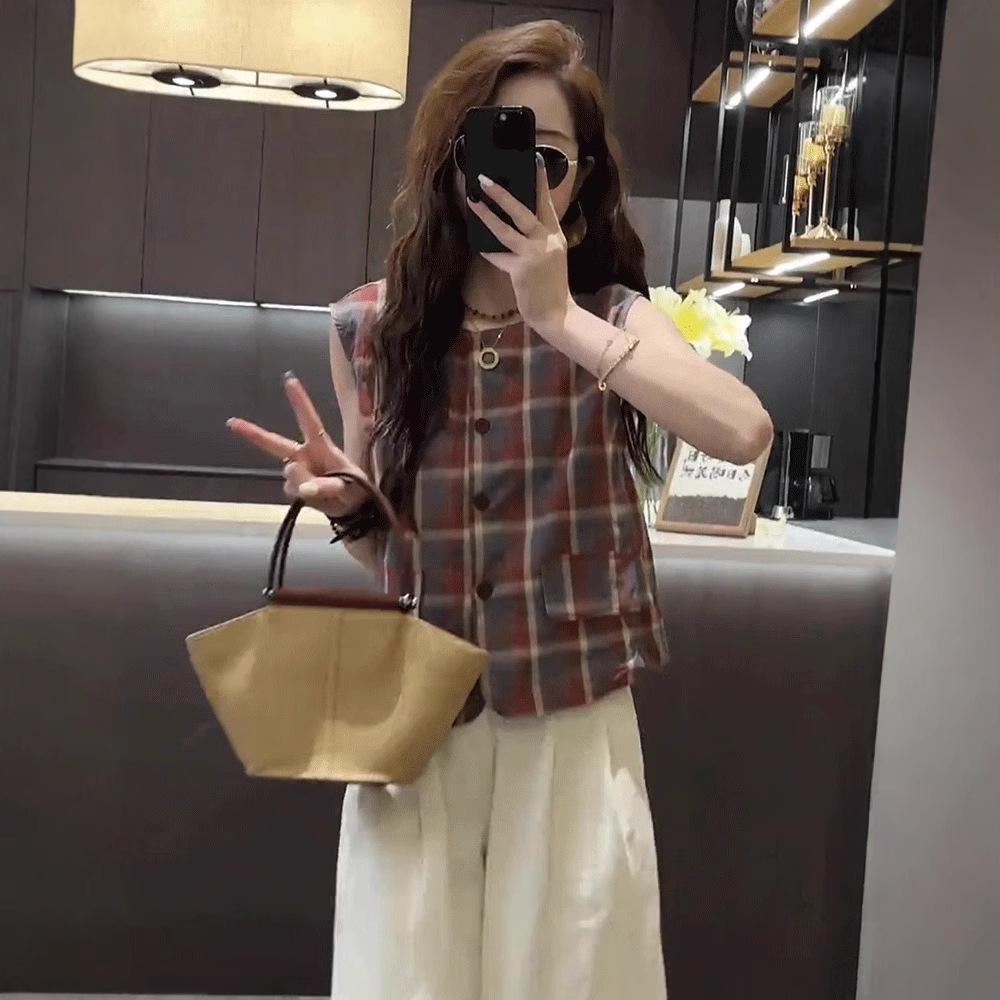 Damen 2025 Schicke Französische Karobluse Ärmellos