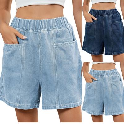 Women's Denim Shorts  Elastic Waist Casual Mid  2 Front Pockets Loose Fit Jeans Short Pants Wide LegSummer